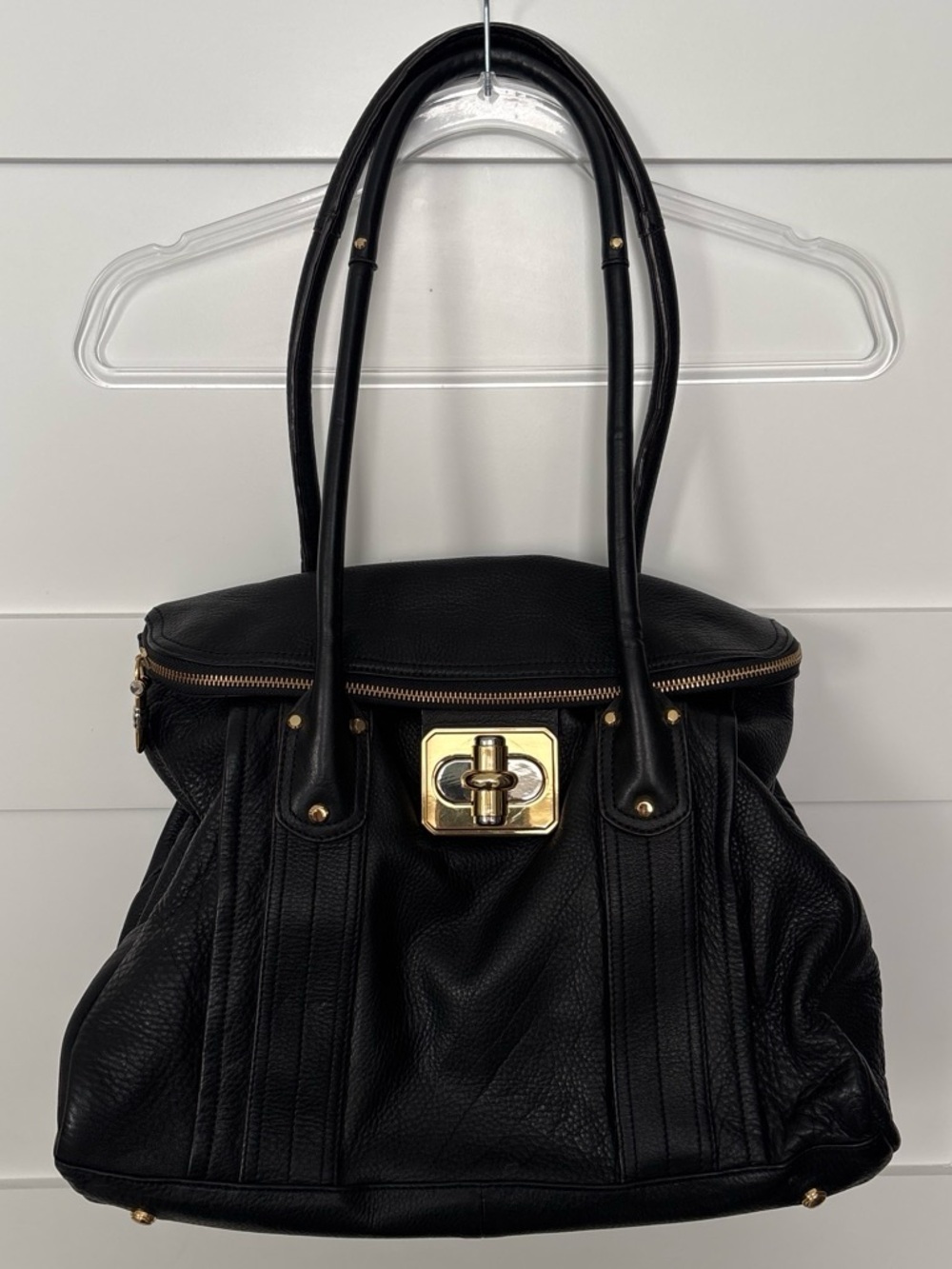 Leather Black B.Makowsky Shoulder Bag with Gold Turn-Lock Closure